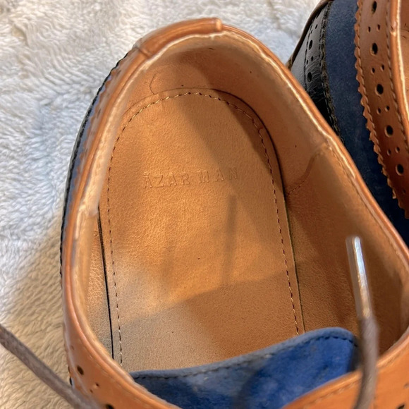 Azar Man Navy Blue & Cognac Leather Suede Lace-Up Oxfords Dress Shoes | Men’s 9 - Picture 7 of 8